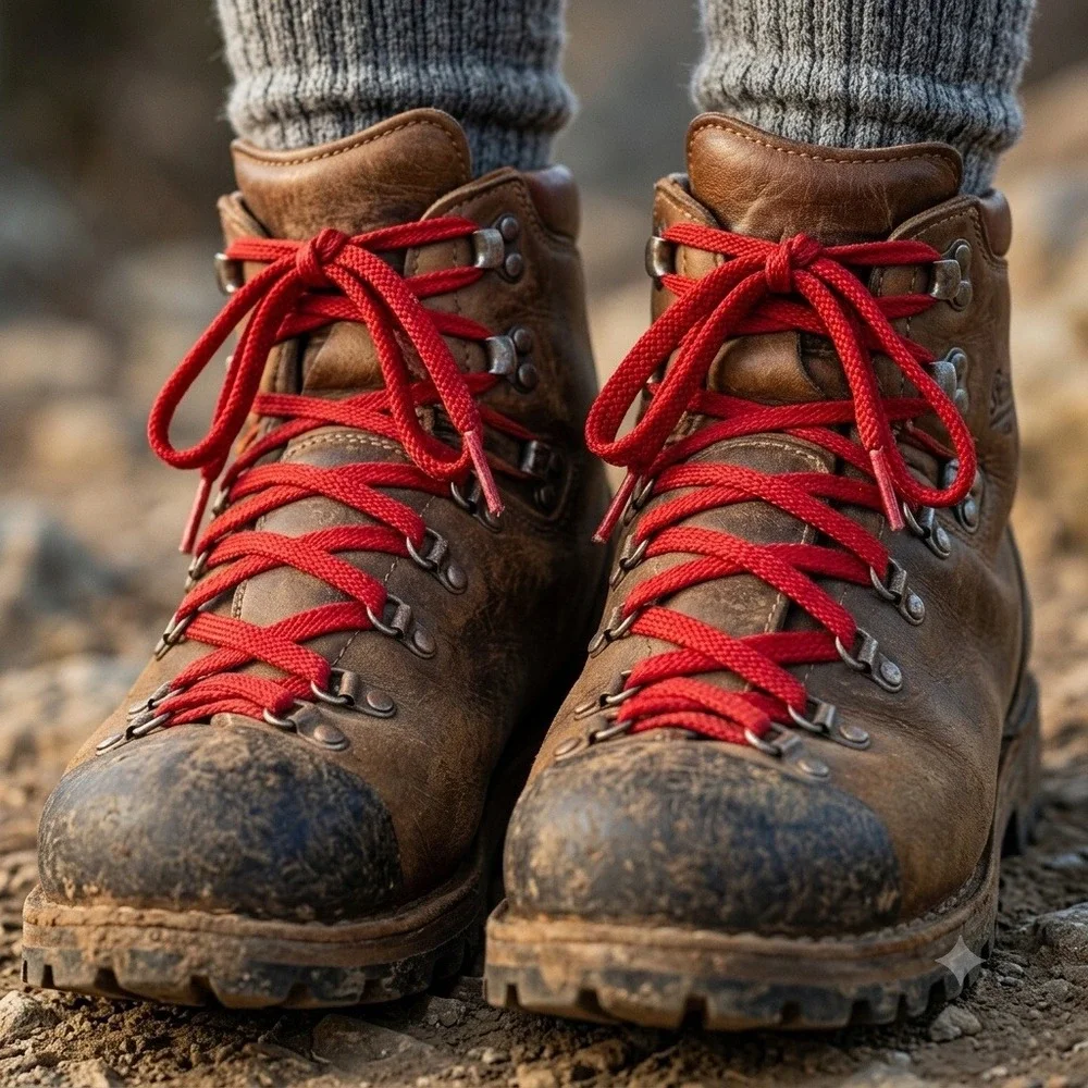 Vintage PMS Leather Hiking Boots Brown Mountaineering Red Laces Mens 11.25 Inch
